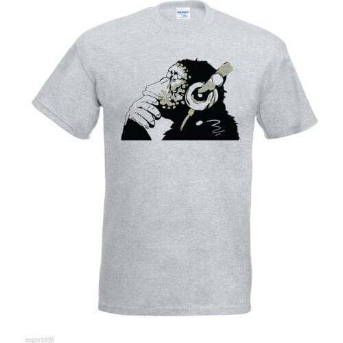 2018 New Arrival Mens Custom T-Shirts Banksy Monkey With Glitter Headphones Mens T-Shirt/ Street Art Graffiti Tee Shirt