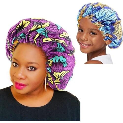 Extra Large Double Layer Parent-child Sleep Cap Adjustable African Print Ankara Satin Bonnet Festival Cap Turban Hat Nightcap