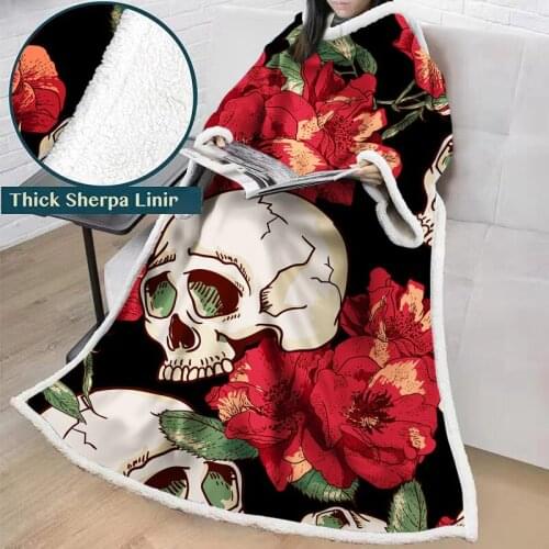 Skull Flower 3D Painting Sherpa Blankets for Beds Velvet Plush Throw Blanket with Sleeve Soft Bedding Manta Custom Warm Blankets