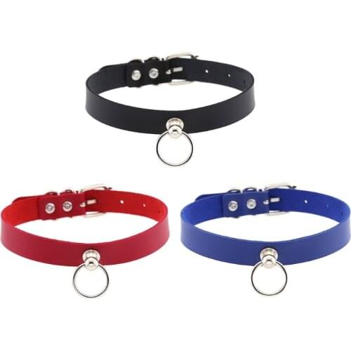 Slave Choker Necklace PU Leather Goth Choker Collar with Silver Circle Ring Punk Rock Collar Adjustable for Women Men