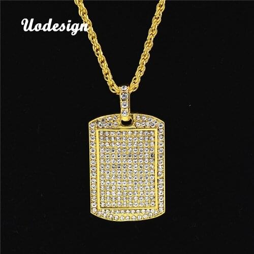 Uodesign gold color hip hop fully iced out bling bling dog tag pendant necklace with long cuban link chain