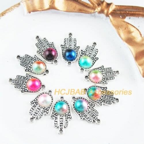 30 New Palm Charms Tibetan Silver Tone Retro Mixed Colored Acrylic Hand Connectors 10x18mm