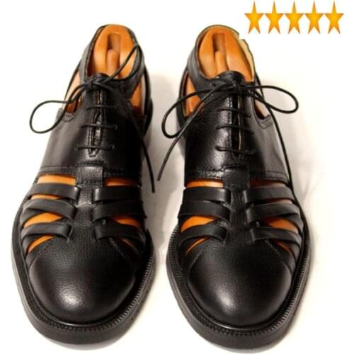 Sandals Italy Retro Runway Hollow Out Lace Up Genuine Leather Mens Shoes Round Toe Block Heels Gladiator Plus Size Footwear