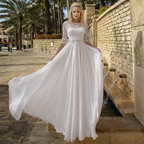 A-Line Chiffon Half Sleeve Wedding Dresses 2021 O-Neck Lace Appliques Beads Pleat Elegant Civil Bridal Gown Open Back For Women