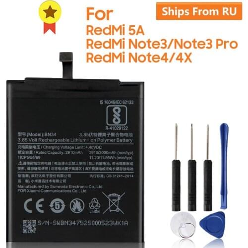 XaioMi Original Battery BN34 BM46 BN41 BN43 for XiaoMi Redmi Note 3 Pro RedMi Note3 RedMi Note4 RedMi Note4X 100% Original