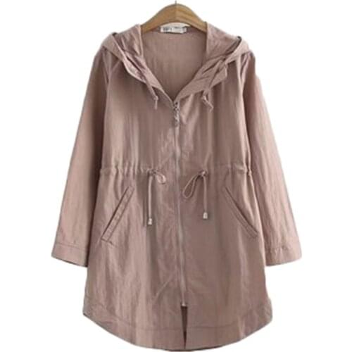 New Spring Autumn Womens Windbreaker Khaki Drawstring With Belt Double Breasted Female Trench Coats Loose Hooded Lady Clothes