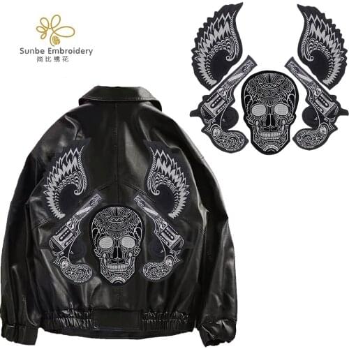 Large Skull Guns Patches Embroidery Stickers for Punk Jacket Iron on Appliques Badges 1 set