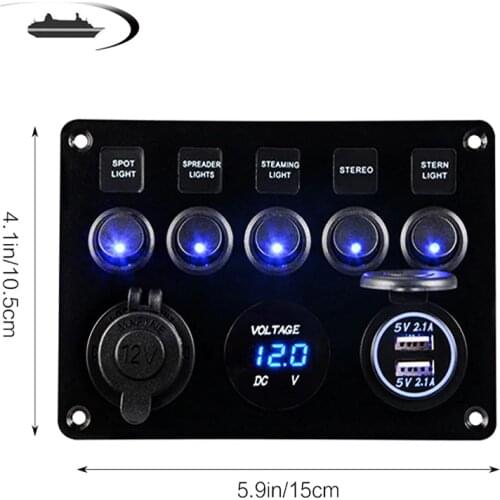 Car Boat Dual USB Socket Charger LED Voltmeter 12V Power Outlet 5 Gang ON-OFF Toggle Switch Panel for Car Boat Marine RV Truck
