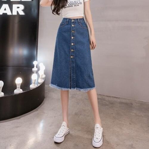 2021 Denim Skirts Women Plus Size High Waist Burr Classic Jean Skirt Fashion Buttons Pockets Front Knee Length Jean Skirt Female