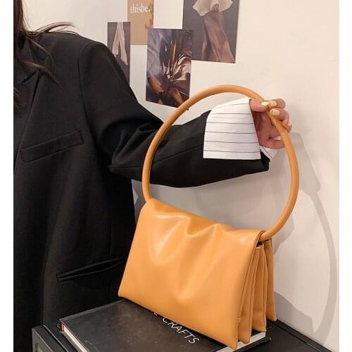 Soft PU Leather Circle Handle Fashion Shoulder Bag for Women 2021 Casual Designer Baguette Bags Ladies Candy Color Handbag Purse