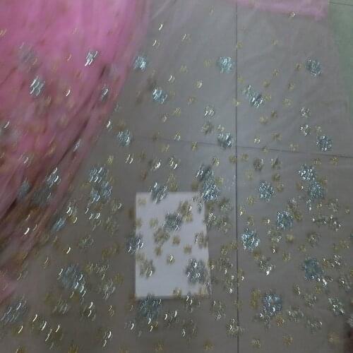 10 yards HLL05 pink mesh flower sparkle glitter glued hand print african india mesh fabric for bridal wedding dress