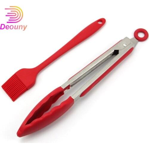 DEOUNY 2 Pcs Silicone BBQ Tongs Basting Oil Brush Set Grill Food Meat Barbecue Tongs Sauce Brush Kitchen Accessories BBQ Tools