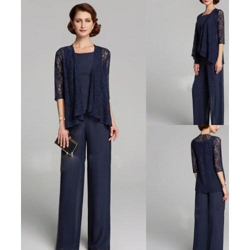 2019 Elegant Mother of the Bride Dresses with Jacket 3 Pieces Chiffon Pants Suits Evening Gowns Custom Knee-Length Prom Dress