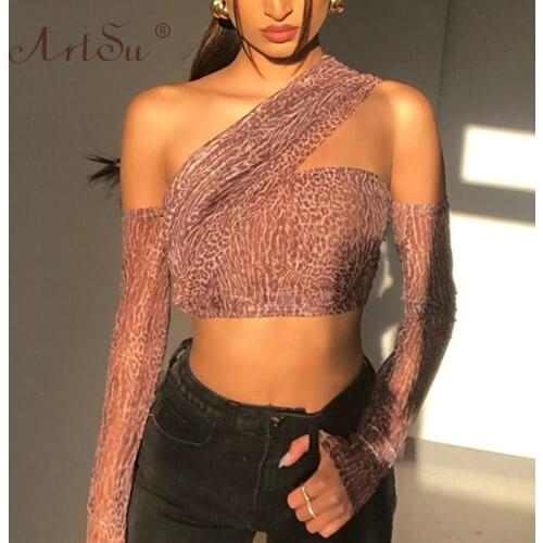 ArtSu Fashion Leopard Print One Shoulder Crop Tops Women Backless Long Sleeve T-Shirts Summer Sexy Tees Tops Femme 2021