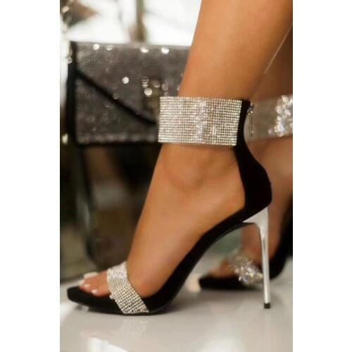 Free shipping Casual Designer Black crystal strappy high heels sandals shoes 10cm