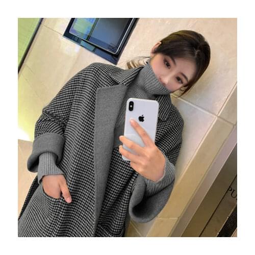 Double-faced cashmere coat womens long section autumn and winter new Korean version of the houndstooth wool double-faced woolen