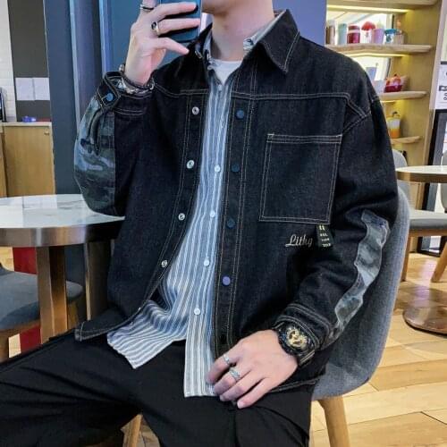 Black Denim Jacket Men Spring Autumn Daily Casual Loose Trend Patchwork Camouflage Men Jean Jackets Outerwear Coats