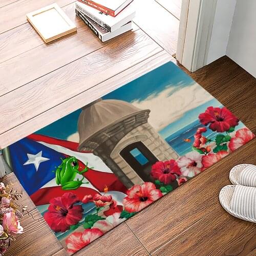 Puerto Rico Flag Frog Hibiscus Doormat for Entrance Door Bathroom Hallway Non-Slip Rugs Home Decor Kitchen Mats