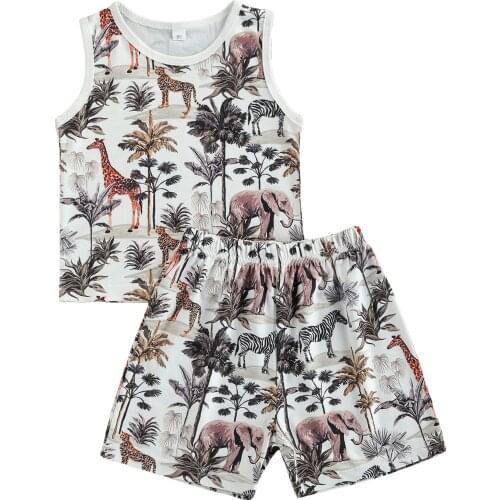 FOCUSNORM 0-4Y Summer Casual Kids Boys Clothes Sets Cartoon Animal Printed Sleeveless Vest Elastic Shorts 2pcs