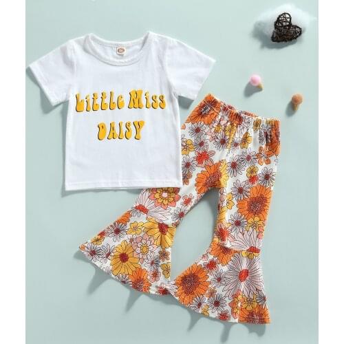 T-shirt and Floral Printed Pattern Flared Pants 2021 Summer Time Girls Casual Two-piece Clothes Set, White Round Collar