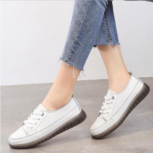 Autumn Genuine Leather Spring Women Sport Flats For Ladies Casual White Sneakers Shoes Woman Soft Bottom Cross-tied Footwear