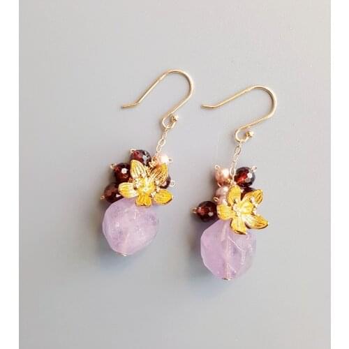 Lii Ji Lavender Amethyst Garnet Freshwater Pearl Earrings Flower 925 Sterling Silver Handmade Drop Earrings Delicate Jewelry For