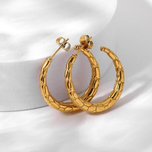 Fashion Geometric Hoop Earrings For Women 18K Gold Plated Stainless Steel CC Shape Pattern Horns Earrings Jewelry