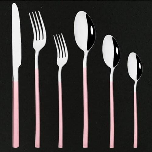 6Pcs Cutlery Set Stainless Steel Tableware Set Kitchen Dinnerware Pink Silver Dinner Reusable Home Knife Fork Spoon Flatware Set