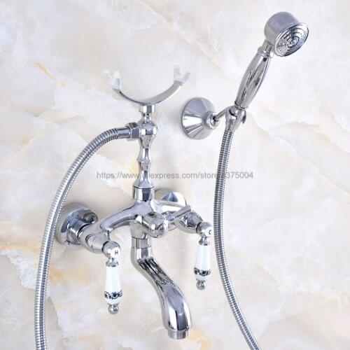 Wall Mounted Polished Chrome Clawfoot Bathtub Faucet telephone style Bath Shower Water Mixer tap with Handshower Nna748