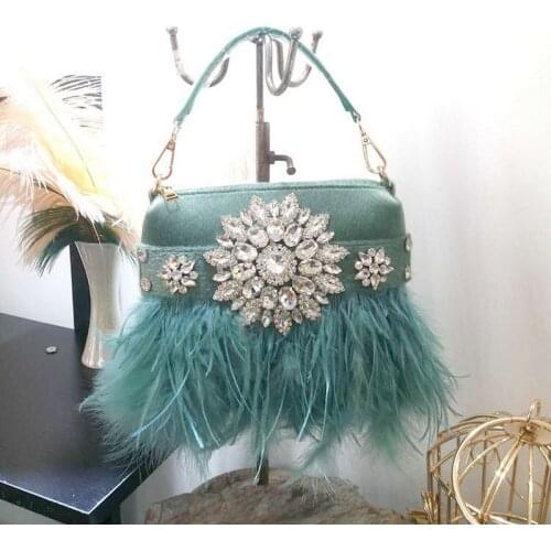 New Elegant Ostrich Fur Women Handbag For Wedding Party Luxury Rhinestone Designer Feather Evening Clutch Bag Wedding Purse