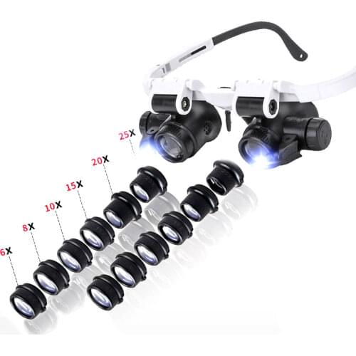Binocular Glasses Magnifier LED Lighted Wearing Magnifying Glass Loupe 6X-25X Replaceable Multi-Lenses for Jewelry Watch Repair