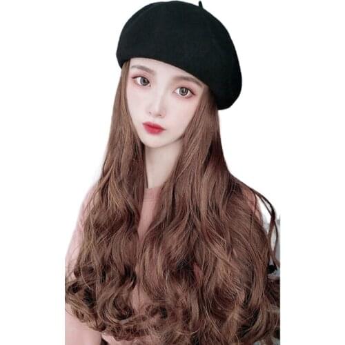 Autumn and winter Beret wig hat long curly hair big wave full head set