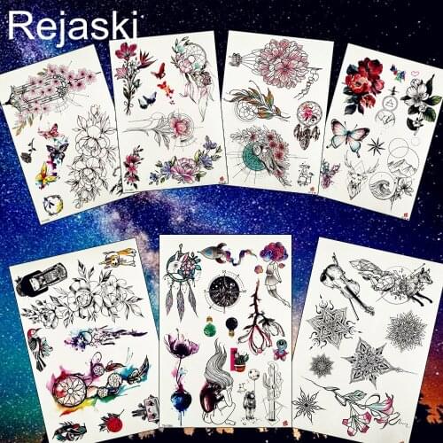 REJASKI Flower Rose Dream Catcher Butterfly Temporary Tattoo Sticker Black Henna Waterproof Tattoos Body Art Arm Sexy Fake Tatoo