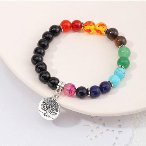 S2360 Fashion Jewelry Colorful Chakra Strands Beaded Bracelet Tree of Life Pendant Beads Yoga Bracelets