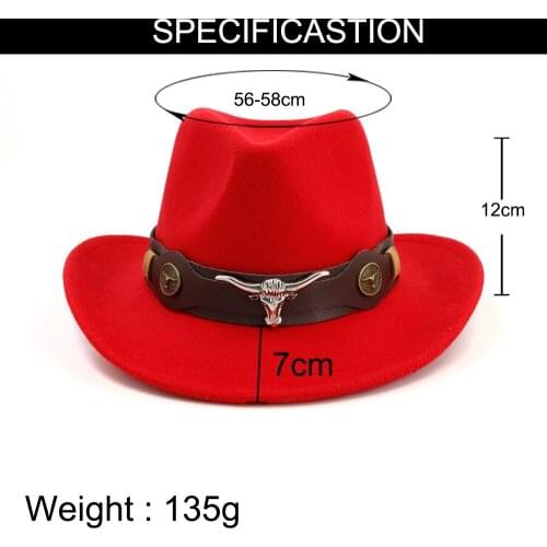 Trend Men Women Wide Brim Faux Wool Felt Wool Fedora Hats with Bull Head Band Cowboy Trilby Cap Unisex Carnival Panama Jazz Cap