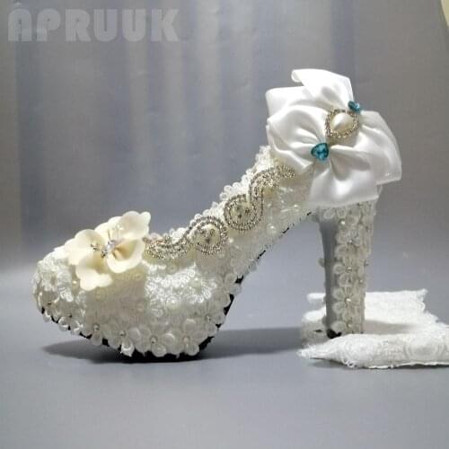 Super high 11CM heels platform wedding shoes bride luxury champagne flower white lace ivory pearls bridal lace pumps plus size