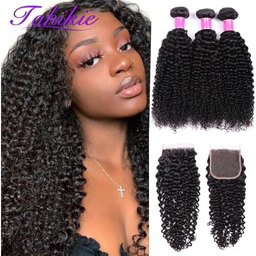 Tahikie Curly Bundles with Closure 3/4 Bundles with Closures Transparent 5x5 Closure With Bundles Remy Wigs For Women Human Hair