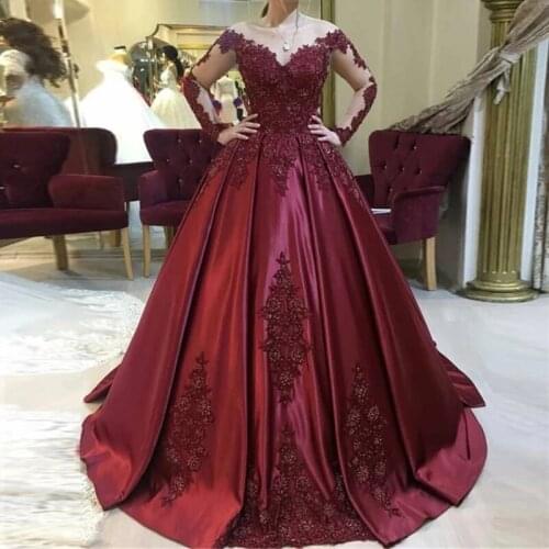 ANGELSBRIDEP Burgundy Ball Gown Prom Dresses Saudi Arabia Style Long Sleeves Court Train Special Occasion Evening Party Gown
