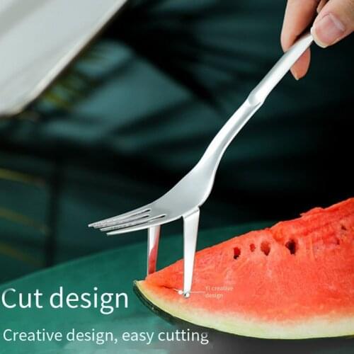 Stainless Steel Watermelon Fruit Cutting Fork Portable Fruit Slicer Fork Kitchen Tools Fold Spork Tableware Picnic Spoon Knife