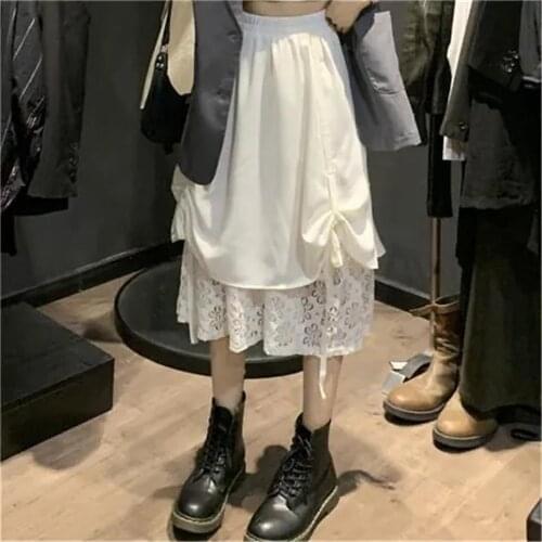 French Elegant Bow High Waist Lace Stitching Cake Skirt Female Student Korean Solid Color A-Line Skirt Women White Long Skirt