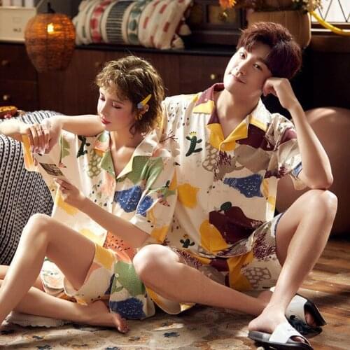 Lovers Pyjamas Women Short Sleeve Cotton Pajama Sets Color Graffiti Couple Pajamas For Women Cardigan Sleepwear Sets Pijama XXXL