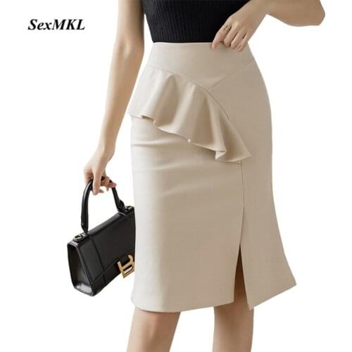 Plus Size High Wiast Pencil Skirt Women 2021 Fashion Summer Ruffles Elegant Office Skirts Korean Sexy Bodycon Midi Black Skirt