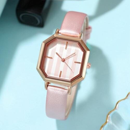 Women Simple Quartz Watch Octagon Dial Faux Leather Band Bracelet Wristwatch