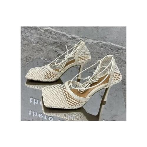 2021 New Sexy Yellow Mesh Pumps Sandals Female Square Toe high heel Lace Up Cross-tied Stiletto hollow Dress shoes