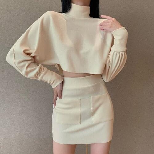 Office Lady Khaki Turtleneck Sweater and Knitted Skirt Set Women Autumn Fall Lantern Sleeve Top Bodycon Skirt Outfits for Women