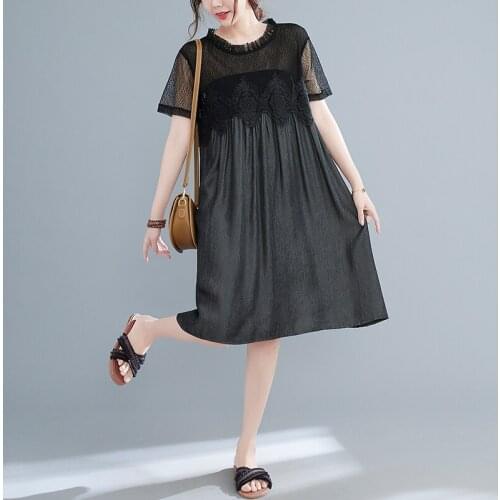 TUHAO Large Size Women Short Sleeve Lce Black Dress Plus Size Solid Color Draped Fashion Ladies Outerwear Patchwork Dresses