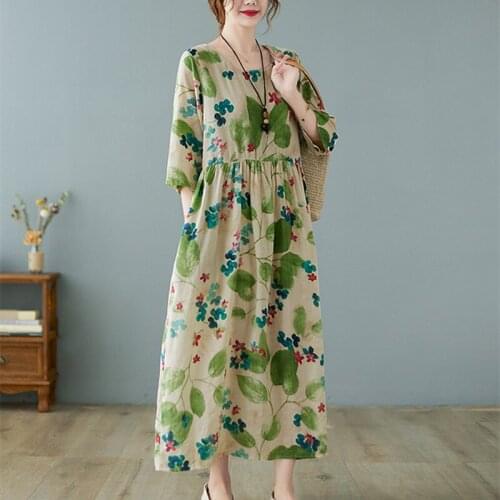 2021 New Thin Soft Cotton Linen Loose Women Casual Summer Dress Print Floral Prairie Chic Vintage Dress Office Lady Work Dress