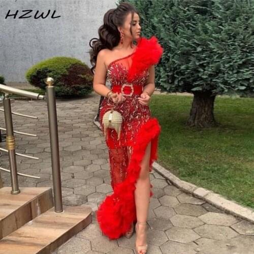 Sexy Red One Shoulder Prom Dresses With Sash Beaded Sequined Ruffle Side Split Party Dress robes de soirée Mermaid Evening Gowns
