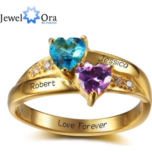Personalized Name Ring 2 Heart Birthstone 925 Sterling Silver Cubic Zirconia Ring Birthday Gift Idea (JewelOra RI102346)