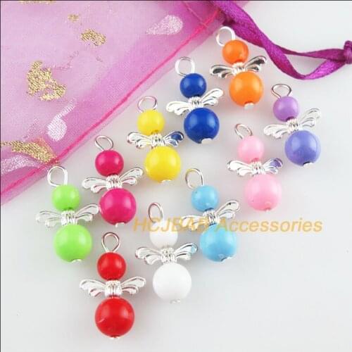 30 New Angel Charms Silver Plated Mixed Solid Color Acrylic Ball Pendants 13.5x22mm